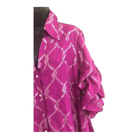 Pink & silver metallic puffy sleeve button down regal hi low dress size 1X new - Picture 7 of 17